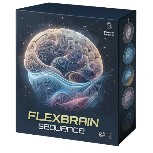 FlexBrain Sequence digital audio package with glowing neural brain design, offering 3 subliminal tracks for mental clarity and focus.