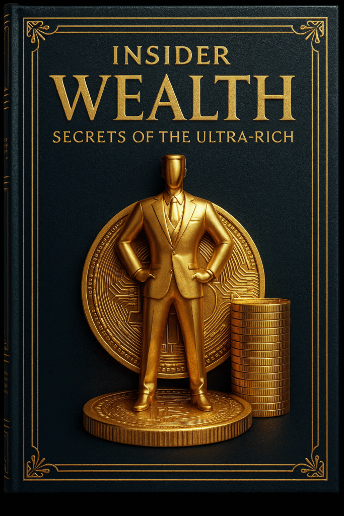 Book cover of Insider Wealth: Secrets of the Ultra-Rich, featuring a gold statuette of a businessman standing on coins, symbolizing elite financial strategies.