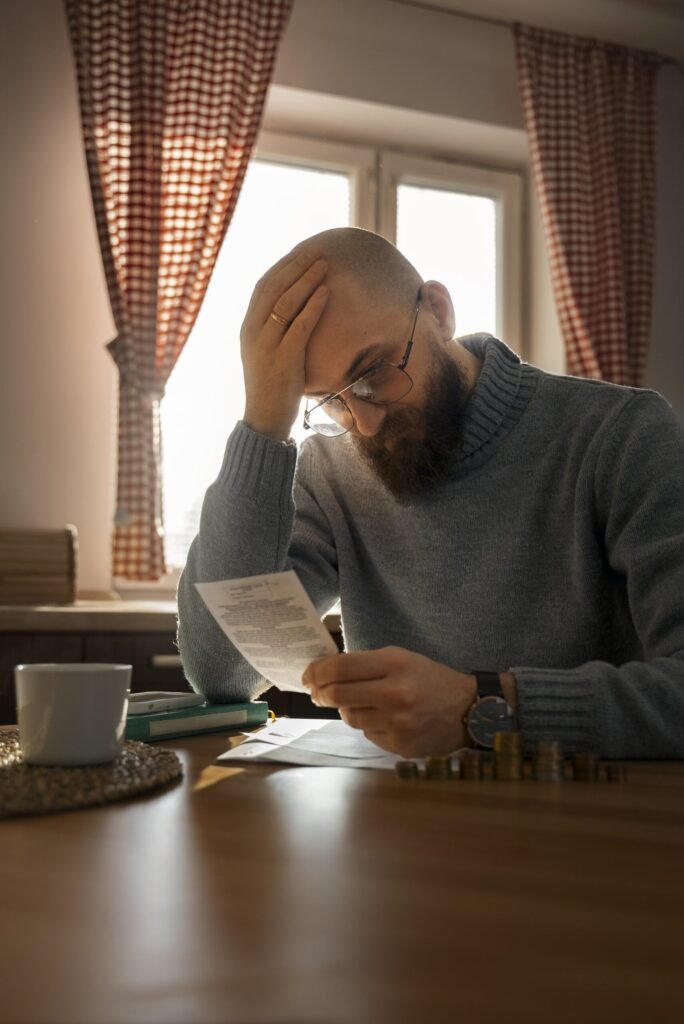 Frustrated man reviewing bills and finances after repeated failures with online income methods.