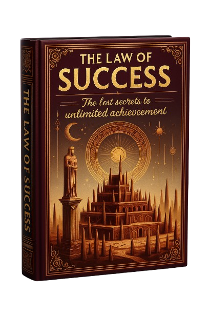 Classic book cover of The Law of Success with golden temple architecture and cosmic symbols, revealing timeless principles for achieving success.